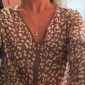 V neck light brown and white cheetah print blouse